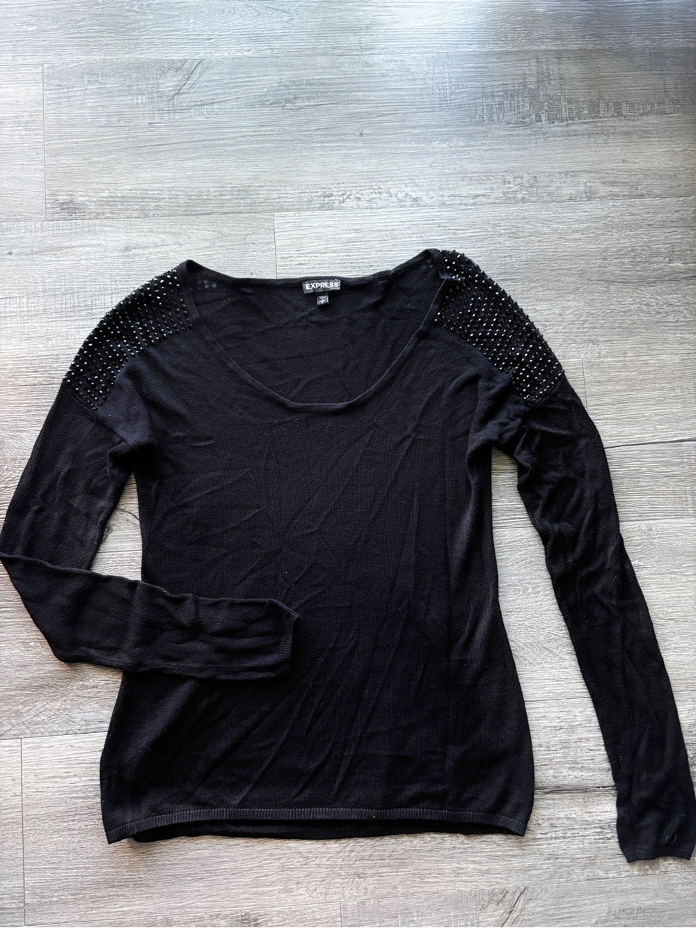 Express Black Long-Sleeve Top with Studded Shoulders
